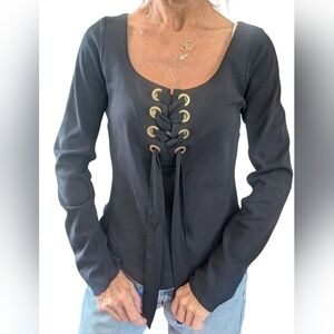 Free People Looking Back Lace-Up Chic Top Long Sleeve Edgy Black Shirt Size M